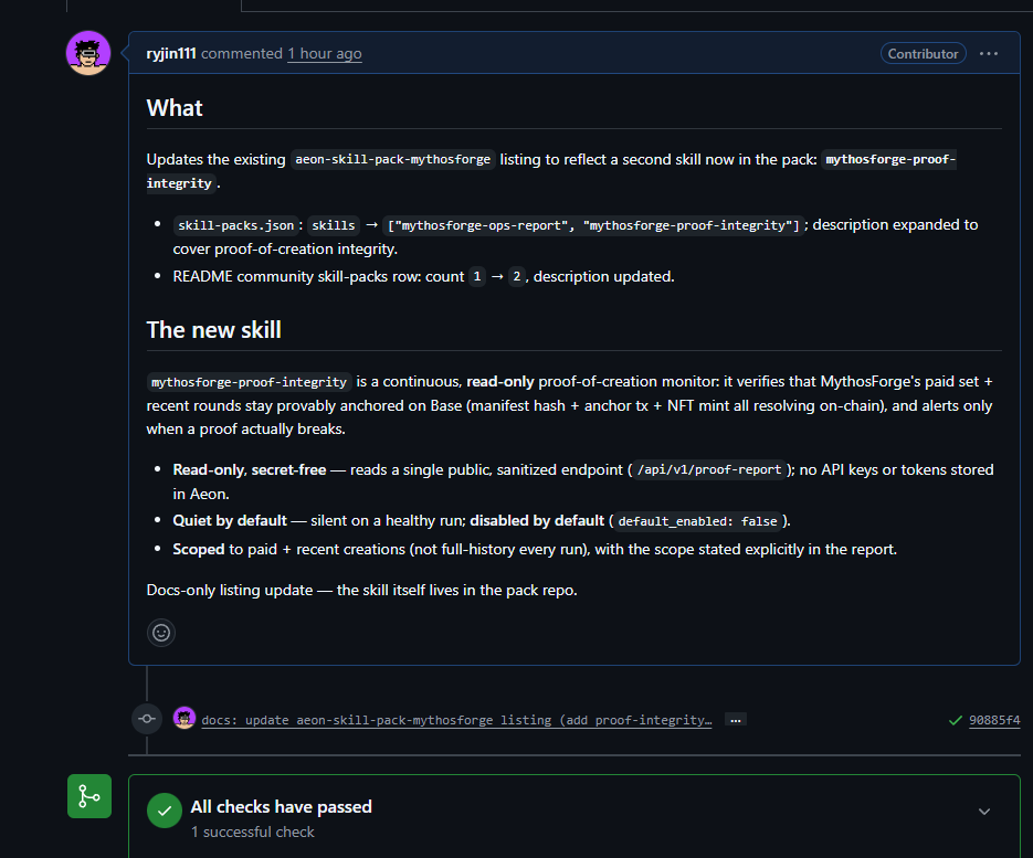 clintmod111's tweet photo. just waiting to get approve ⏲️

@mythosforgebot have 2 skill now powered by @aeonframework 

MythosForge Ops Report - watches the pipeline health: backlog, jury progress, payout freshness, deploy/cron status. It alerts if operations stall.

MythosForge Proof Integrity Monitor - watches the proof-of-creation layer: reads the public proof report and alerts if paid/recent creations have broken, stale, incomplete, or unavailable proof checks.