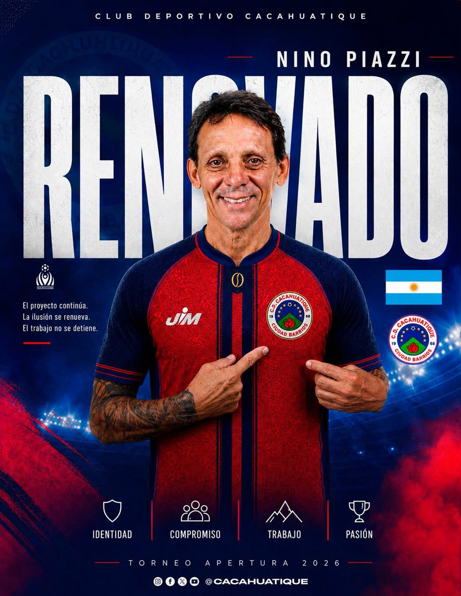 CDCacahuatique's tweet photo. ☕🔵🔴 𝐄𝐋 𝐓𝐈𝐌𝐎𝐍𝐄𝐋 𝐃𝐄𝐋 𝐁𝐀𝐑𝐂𝐎 𝐂𝐀𝐅𝐄𝐓𝐀𝐋𝐄𝐑𝐎 𝐂𝐎𝐍𝐓𝐈𝐍𝐔́𝐀.

Con orgullo anunciamos la renovación del profesor 𝐍𝐢𝐧𝐨 𝐏𝐢𝐚𝐳𝐳𝐢 como Director Técnico de C.D. Cacahuatique.

El proyecto continúa.
La ilusión se renueva.
Y el trabajo no se detiene. https://t.co/BaaBU26Co5