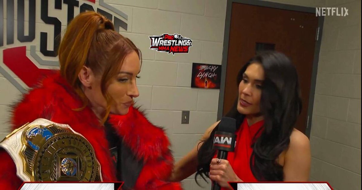 PWMMANews's tweet photo. Backstage, Cathy Kelley spoke with Womenโs Intercontinental Champion Becky Lynch, who addressed Sol Rucaโs injuries from #SNME. Becky said Sol is outmatched and hopes for Clash in Italy, but stressed that at the highest level, no one is ever truly ready for the spotlight. #WWERโฆ https://t.co/V28bQ8Wr81
