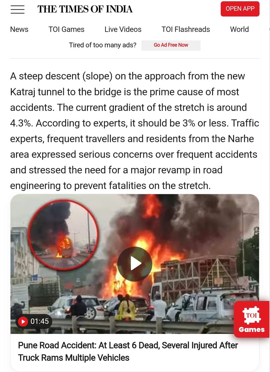 navipeth's tweet photo. This is exactly the kind of dangerous design that’s killing people
Sharp curve +
steep gradient
on a 3+3 lane highway..
same flaws we’re seeing in #Pune’s #Navale Bridge stretch, where crashes keep happening
@NitinGadkari sir, your team needs to fix these risky designs before more lives are lost
@TOIIndiaNews
https://t.co/87q2U30z4c