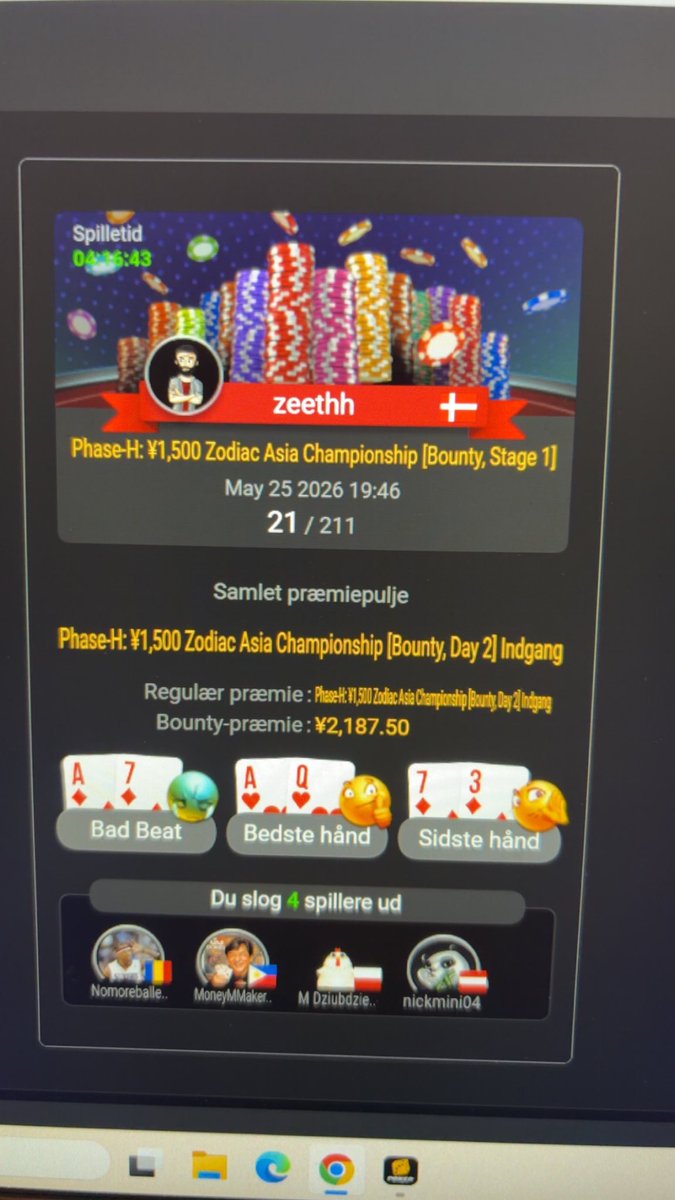 zeeth__'s tweet photo. Another brutal finish in the 55$ main! One of these days I will make that god damn FT! 
Also made day2 of the 1500 yuan zodiac with a small stack (AQsvsAK with 1 elimination remaining for 700k stack vs succeed) gonna try and get the stack bigger! Love the grind🚀🚀 @GGPoker https://t.co/gl2TtgDSl5