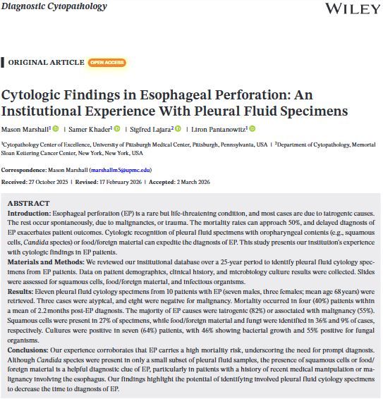 DiagnosticCyto's tweet photo. New open Access article alert in @DiagnosticCyto 
Cytologic Findings in Esophageal Perforation: An Institutional Experience With Pleural Fluid Specimens
by  @PathPro @aakasharmand @DianaEstherossi @PoonamVohra3 @Baskotacytopath @AzizaNassar2 @PapSociety @IACytology https://t.co/H7jYZMkHgs