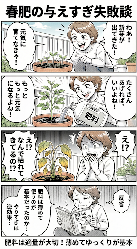 HyponexJP's tweet photo. 「春肥の与えすぎ失敗談」

肥料は「少なめ・こまめに」が鉄則です。

特に春の新芽は繊細。
規定量を守りましょう🌱

皆様の園芸失敗談もコメントで教えてください👇
#家庭菜園 #4コマ漫画 https://t.co/WqOwCc6IfV