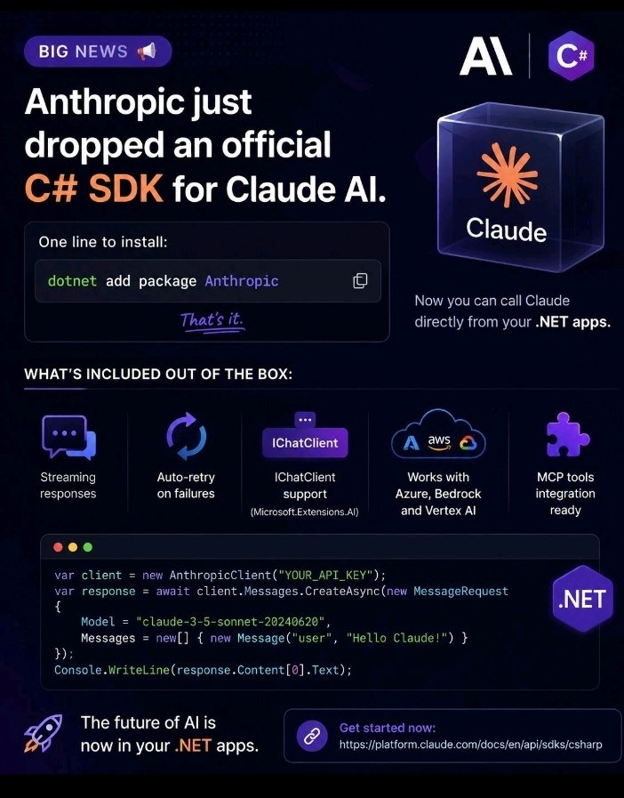 TheDotNetOffice's tweet photo. C# SDK integration with Claude AI / Anthropic 

#python #sdk #Claude #AI #dotnet #csharp #dotnetcore #netcore #anthropic https://t.co/jVSrToNMGv