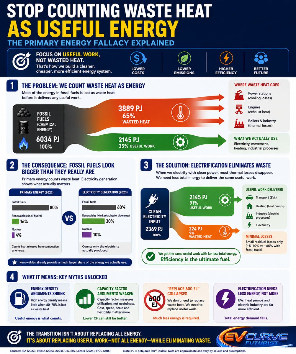EVCurveFuturist's tweet photo. The Primary Energy Fallacy unlocks dozens of energy myths. Stop counting waste heat as useful: fossil fuel density shrinks, RE capacity factors matter less, & replacing all primary energy collapses. It's about replacing useful work—not all energy—while eliminating waste. #SWB

Consider a few examples:

• Energy density. Coal, oil and gas contain enormous chemical energy, but much of it never becomes useful work. Internal combustion engines, boilers and thermal power stations typically waste 60-70% as heat.

• Capacity factors. A solar farm operating at 25% capacity factor can still outperform a higher-capacity-factor fossil plant economically if it delivers cheaper electricity and displaces expensive fuel.

• Global energy demand. We do not need to replace every joule of today's fossil fuel consumption. A large share is simply thermal losses that disappear when transport, heating and industry electrify.

• Primary energy charts. These count heat released from combustion as energy consumed, inflating the apparent contribution of fossil fuels. Solar, wind and hydro receive no equivalent credit for the sunlight, wind or water flowing through them.

• Electrification. EVs, heat pumps and electric industrial processes are dramatically more efficient than combustion alternatives, which is why many credible scenarios see primary energy demand falling even as living standards rise.

Once you understand the distinction between useful work and wasted heat, many familiar objections to renewables start looking a lot less convincing.