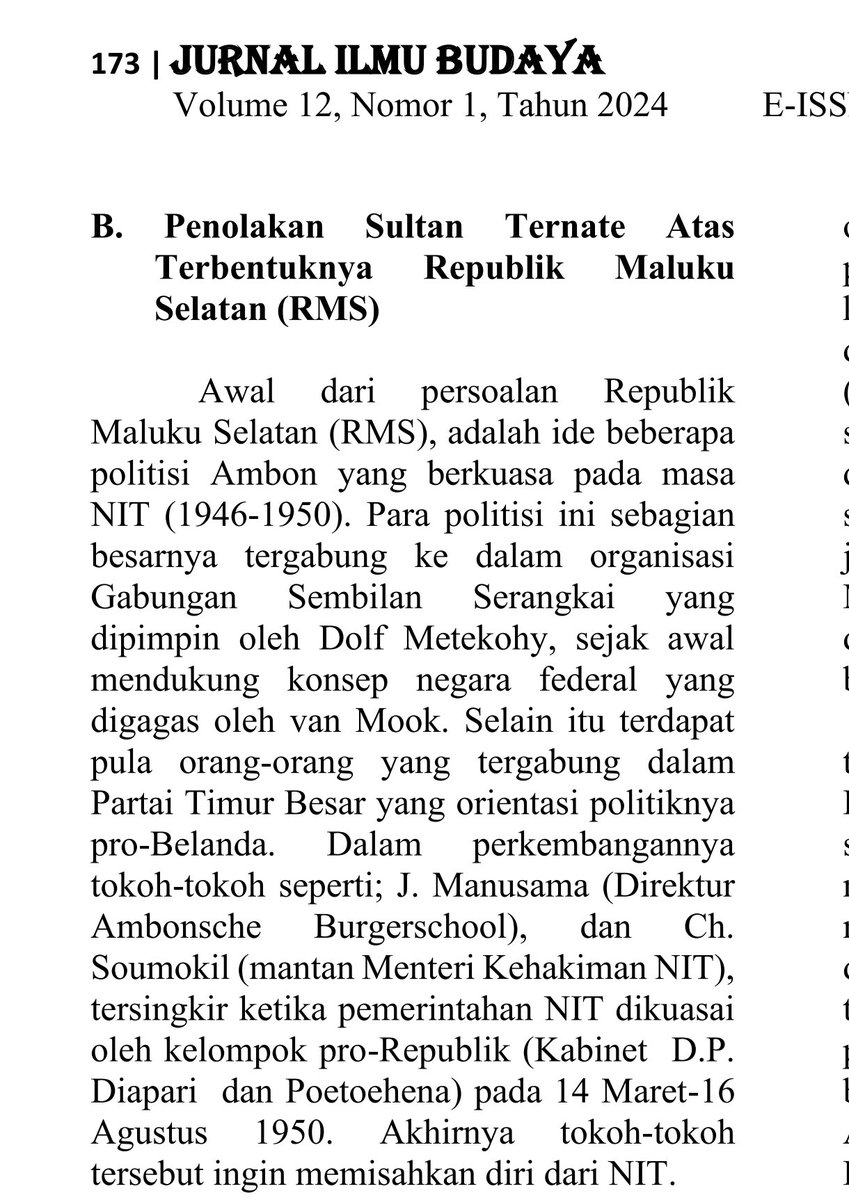 markonas_'s tweet photo. @kalistohenituse Sultan Ternate mmang federalis, bhkan sempat brsebrangan dg  pusat. Tpi artikel yg sama juga menjelaskan bhwa beliau menolak RMS. Jdi inti artikel ini adl dinamika politik federalisme dan negara kesatuan, bukan soal status bendera, barangkali ada referensi lain yg bahas bendera? https://t.co/hHF83JxmFQ