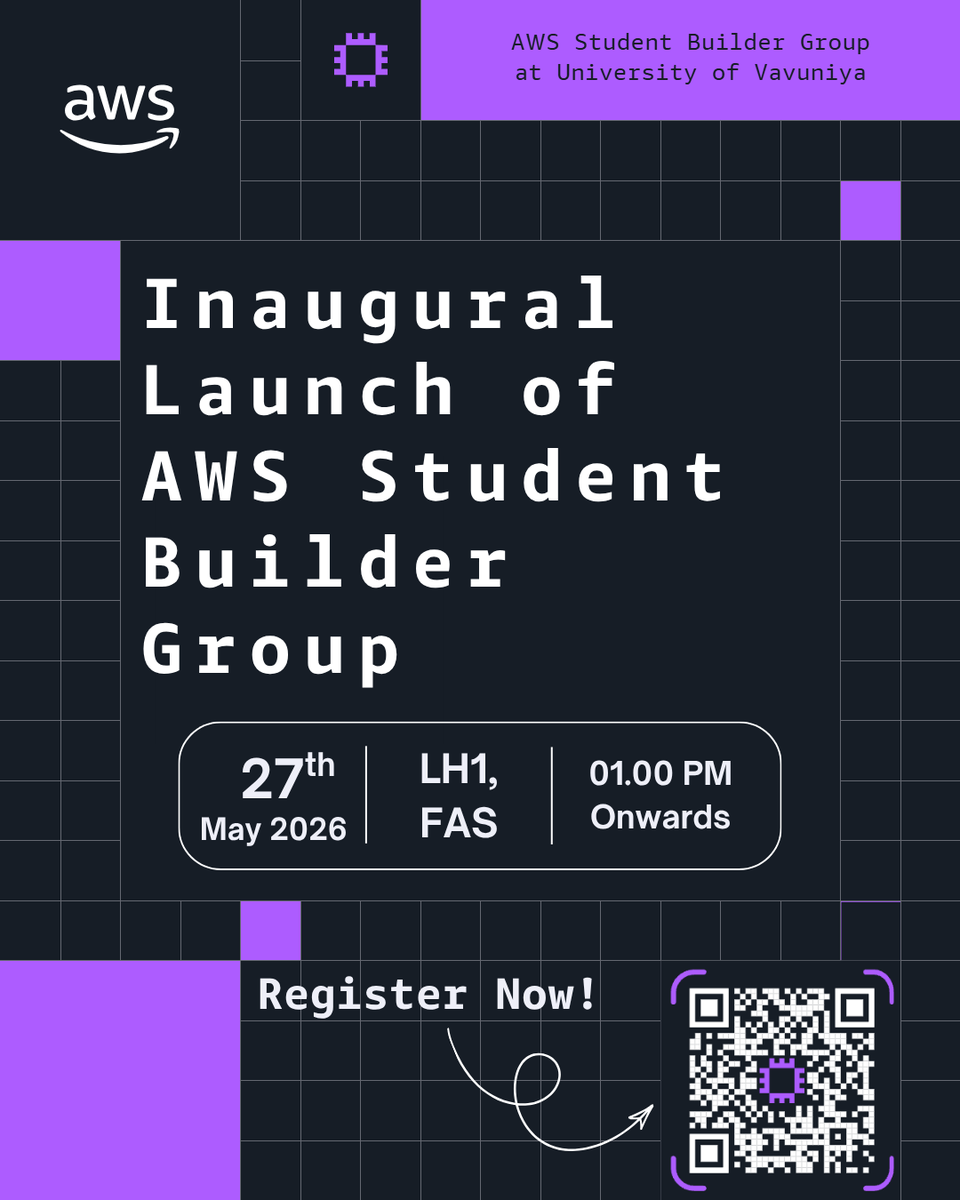 aws_sbg_uov's tweet photo. ๐ ๐๐๐ง๐ฎ๐ ๐๐๐ฏ๐๐๐ฅ๐๐!
The wait is over โ the Inaugural Launch of the AWS Student Builder Group at University of Vavuniya will take place at:
#AWS #StudentBuilders #SBG #UoV #AWSDevelopers #AWSStudentBuilderGroup #UniversityOfVavuniya #CloudComputing https://t.co/NqcMb0rxeo