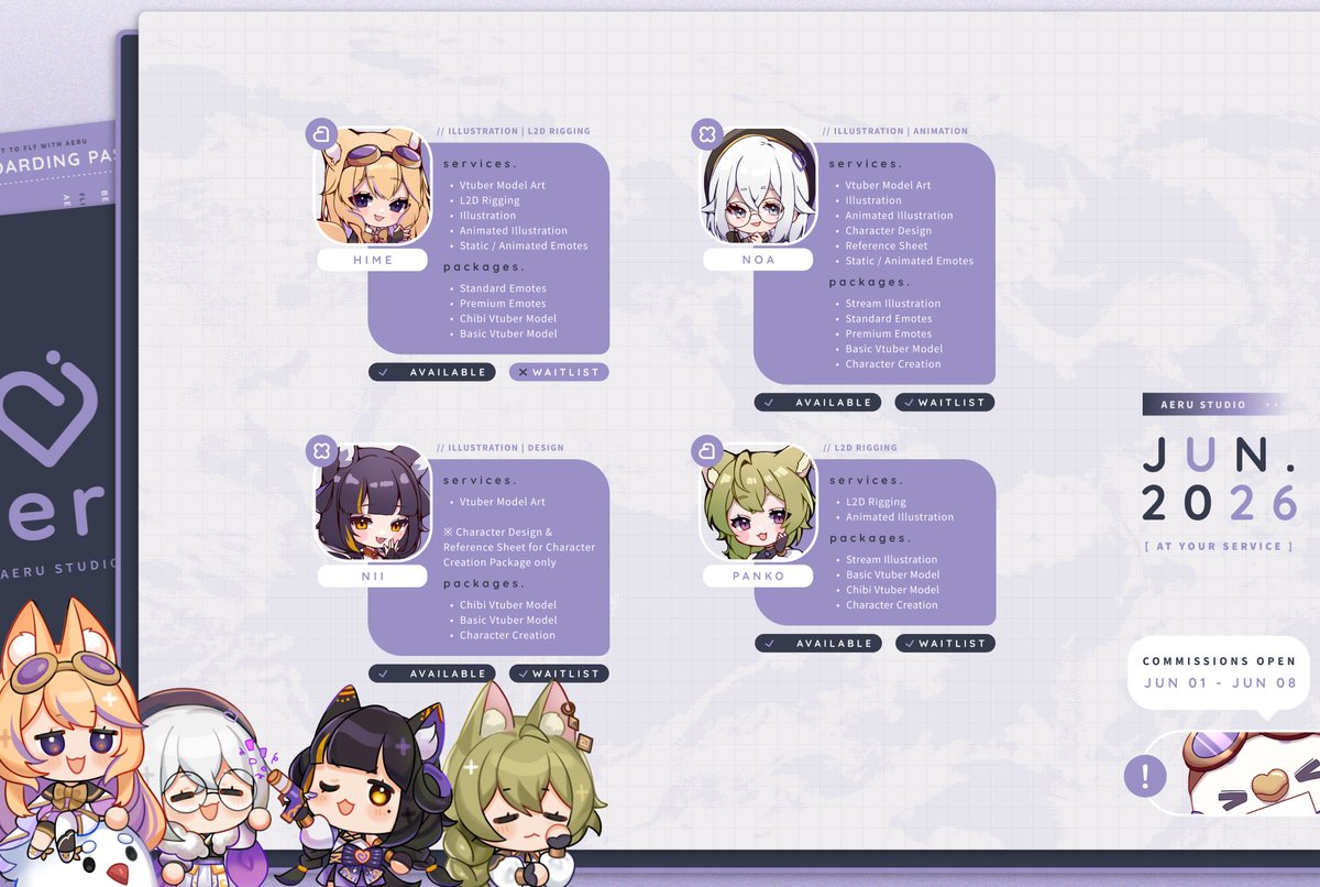 aerustudio's tweet photo. 【 June Work Availability 】  
— Opening » 1 - 8 June 1200 PDT    

「 Services 」
▸ Vtuber Model Art | L2D Rigging  
▸ Illustration | Animated Illustration  
▸ Character Design | Ref Sheet 
▸ Static / Animated Emotes    

💜 Begin preparing your Request Forms! https://t.co/jXEZ4cDoP0