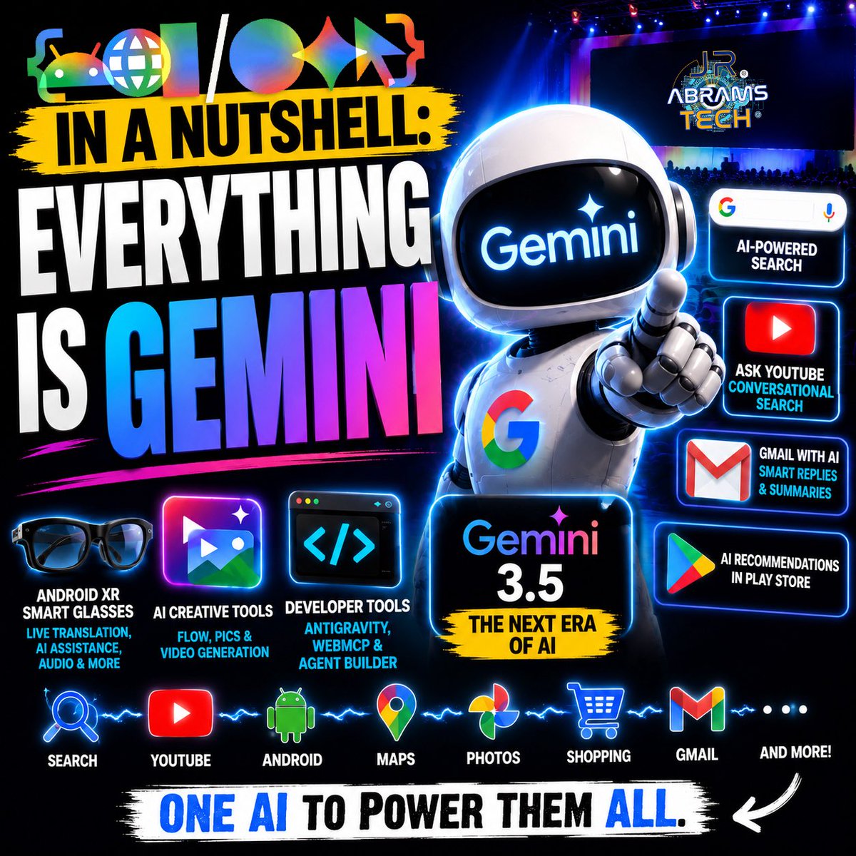JRAbramstech's tweet photo. New vid is up on @YouTube. #GoogleIO 2026 in a Nutshell: EVERYTHING IS GEMINI https://t.co/cwtqo3YjwL. Remember to like, share and subscribe for the latest news and rumors about tech @JRAbramstech #tabtech https://t.co/TU5g4nJAqX