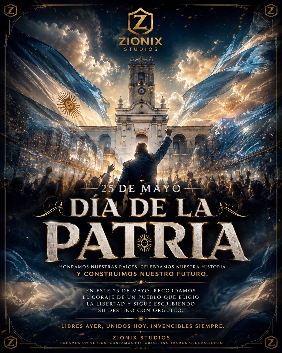 ZIONIX_STUDIOS's tweet photo. 🇦🇷⚡ Hoy no celebramos solo una fecha.

Celebramos el coraje de un pueblo que se animó a romper sus límites y escribir su propio destino.

Desde Zionix Studios honramos nuestras raíces, nuestra historia y el fuego que todavía vive en cada argentino que sueña con algo más grande. https://t.co/quLil4meM1
