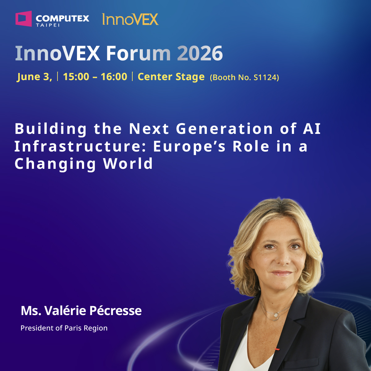 computex_taipei's tweet photo. 【InnoVEX 2026 | A European Tech Wave Has Landed! Unlocking the New Era of Global AI Infrastructure】
🔗 Secure Your Spot Now: https://t.co/Hza6XYnyft

European Deep Tech is here! Aligning with our core theme of "AI Implementation," we are deeply honored to welcome Valérie Pécresse, President of the Paris Region—the economic heart of France-personally leading a top-tier European delegation straight to the Center Stage!

President Pécresse will deliver a heavyweight keynote address exploring Europe's critical role in the global AI infrastructure. Following the keynote, a star-studded Panel Discussion will bring together the Paris Region's leading Deep Tech giants and breakthrough innovators (BULL, Pasqal, SiPearl, and Dassault Systèmes) to reveal the breakthroughs of the century, from next-gen chips to quantum computing!

🔥 A Stellar Panel Lineup:
🔹 Philippe Notton | Founder of SiPearl, the core of Europe's supercomputing chips
🔹 Eric Eppe | Key representative from BULL, a leader in High-Performance Computing (HPC)
🔹Nicolas Proust | Vice President at Pasqal, a leading European quantum computing company.
🔹 Stéphane SIREAU | Vice President at Dassault Systèmes, the global industrial software giant

Are you ready to grasp the big picture of Europe's frontier tech within a booming international ecosystem that has grown by over 11%, featuring more than 500 startups across 450 booths?

📅 Time: June 3 (Wed) 15:00 – 16:00
📍 Venue: TaiNEX 2, 4F | InnoVEX Center Stage
💡 Unlock the Full 4-Day Tech Agenda: https://t.co/KyfiVRIgNM

#InnoVEX2026 #AIImplementation #Semiconductor #QuantumComputing #ParisRegion #Startups #DeepTech