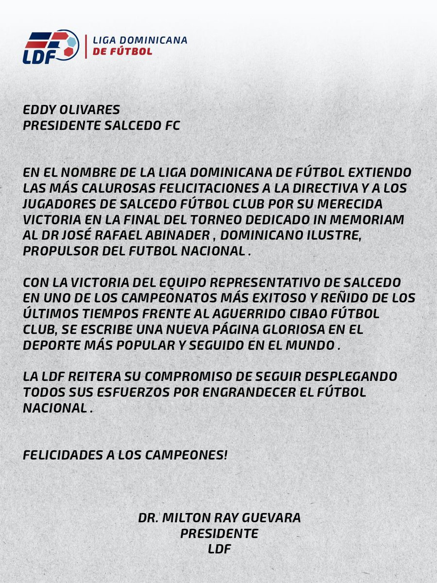 LDFcomdo's tweet photo. La LDF reconoce el esfuerzo, la entrega y la histórica conquista de Salcedo FC en la gran final 2026. 🏆⚽️ https://t.co/HkP96liYWO