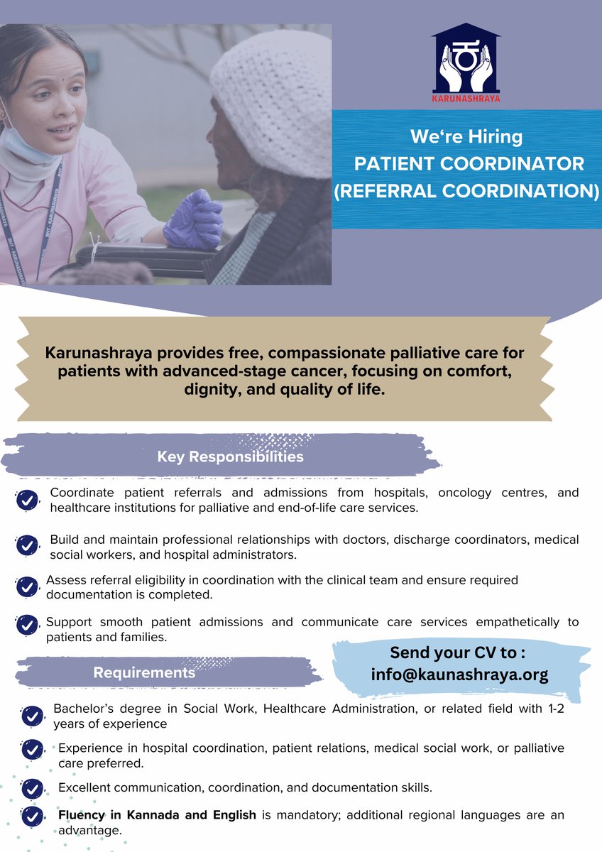 Karunashraya's tweet photo. We are hiring Patient Coordinator (Referral Coordination)

Interested candidates can share their CV at info@karunashraya.org

#Hiring #PatientCoordinatorJobs #PalliativeCare #HealthcareJobs https://t.co/W9R1hIyl6S