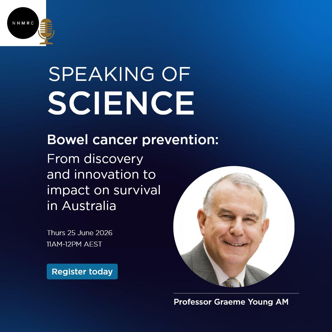 nhmrc's tweet photo. This #BowelCancerAwarenessMonth, join us as we host Professor Graeme Young of @Flinders for our June Speaking of Science.

Date: Thursday 25 June 2026 
Time: 11:00AM – 12:00PM AEST 

Register on Microsoft Teams now: https://t.co/n0hlpn1yF0 https://t.co/OhJo5LI2Bj