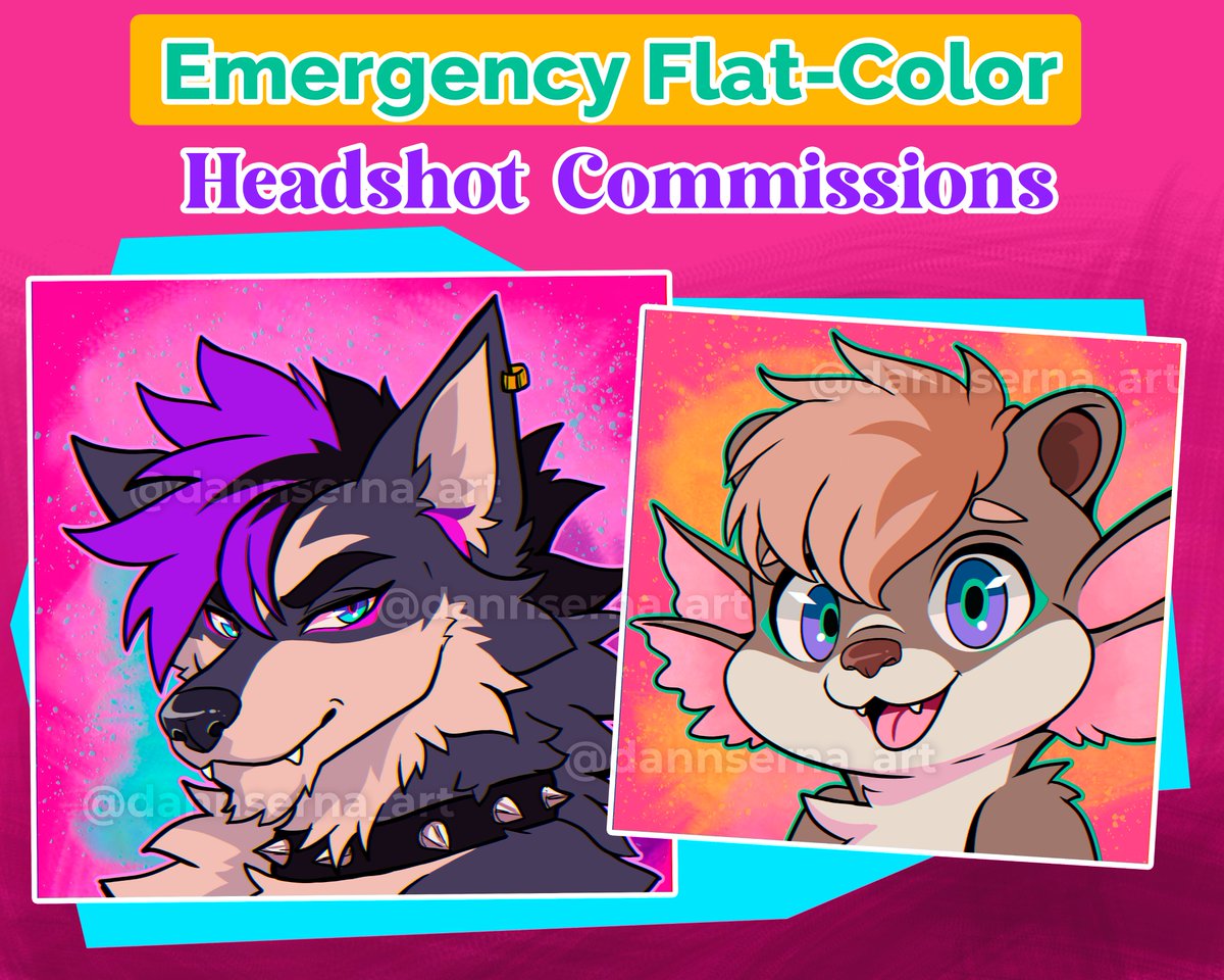 dannserna_art's tweet photo. 🚨 Emergency Flat-Color Headshot Commissions 🚨
$15 USD each
Only 6 slots available.
• Flat-color furry headshots
• Delivery time: around 3 days • PayPal only
Once  Line Art approved, payment is made and your headshot will be finished and delivered in 2 days or less. https://t.co/8wu6QoMNCd
