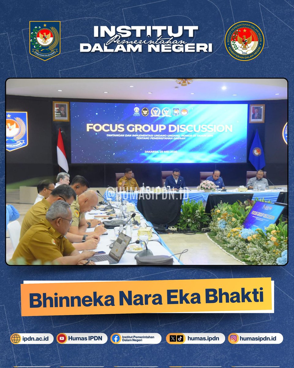 HumasIpdn's tweet photo. Jakarta (25/05/2026). IPDN Gelar Focus Group Discussion (FGD) nasional dengan mengangkat tema krusial: “Tantangan dan Implementasi Undang-Undang Nomor 23 Tahun 2014 tentang Pemerintahan Daerah”. https://t.co/IdWi1OT8hX