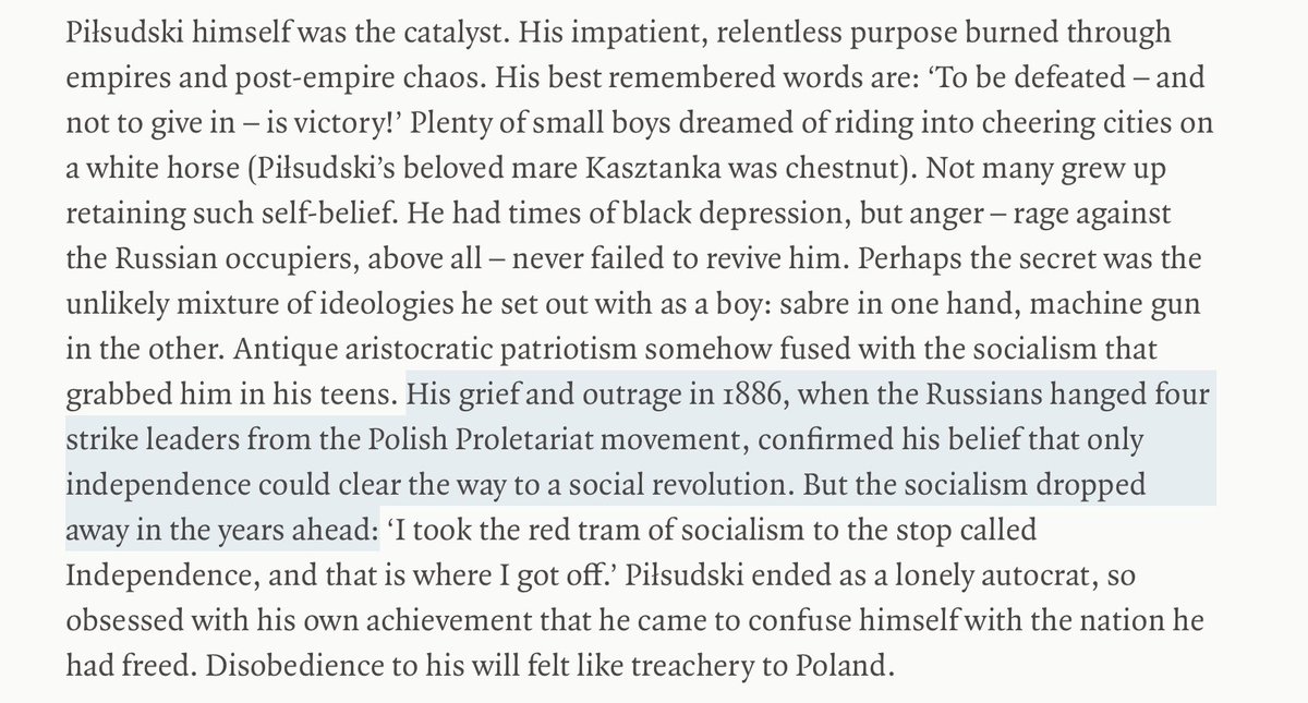 After__History's tweet photo. Pilsudski eventually abandoned socialism for nationalist politics. While the Soviets expropriated wealthy landowners, Pilsudski welcomed them into his government, much to the disapproval of his original socialist allies, who condemned these "monarchist and reactionary" elements. 

It is unsurprising then that he also cracked down on the centre and left-wing opposition, arresting their leaders en masse in 1930. In the end, there was no Piłsudskite socialism in any meaningful sense.