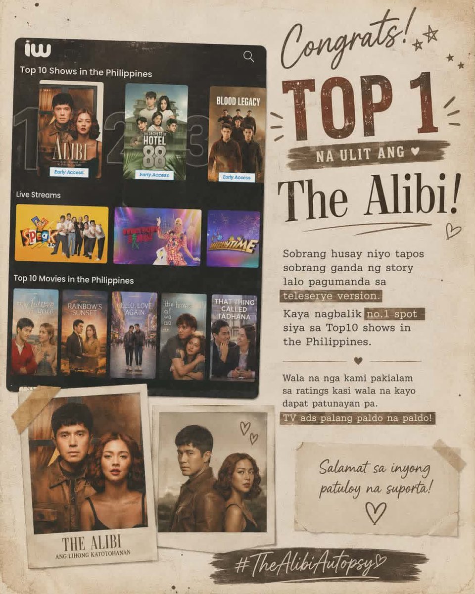 yojyram029's tweet photo. Hindi na talaga nakakapagtaka kung bakit paulit-ulit na bumabalik sa TOP 1 ang The Alibi. ๐ฅ๐ค
Congratulations sa buong team ng The Alibi at sa ating Kimpau! Patuloy niyo kaming pinapasaya at pinapaiyak gabi-gabi. ๐ค
#TheAlibiAutopsy #Kimpau #TheAlibi #Top1 #ProudFan #KimPau https://t.co/z2BMUH1ueI