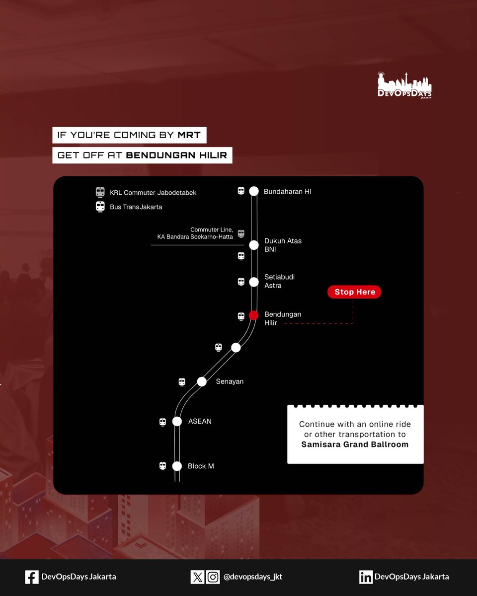 devopsdays_jkt's tweet photo. 🚇 MRT: Stop at Bendungan Hilir
🚆 KRL Commuter Line: Stop at Sudirman

Continue your trip with an online ride and join us at Samisara Grand Ballroom for a day full of insights, networking, and innovation ✨ https://t.co/gfL3bzNMCk
