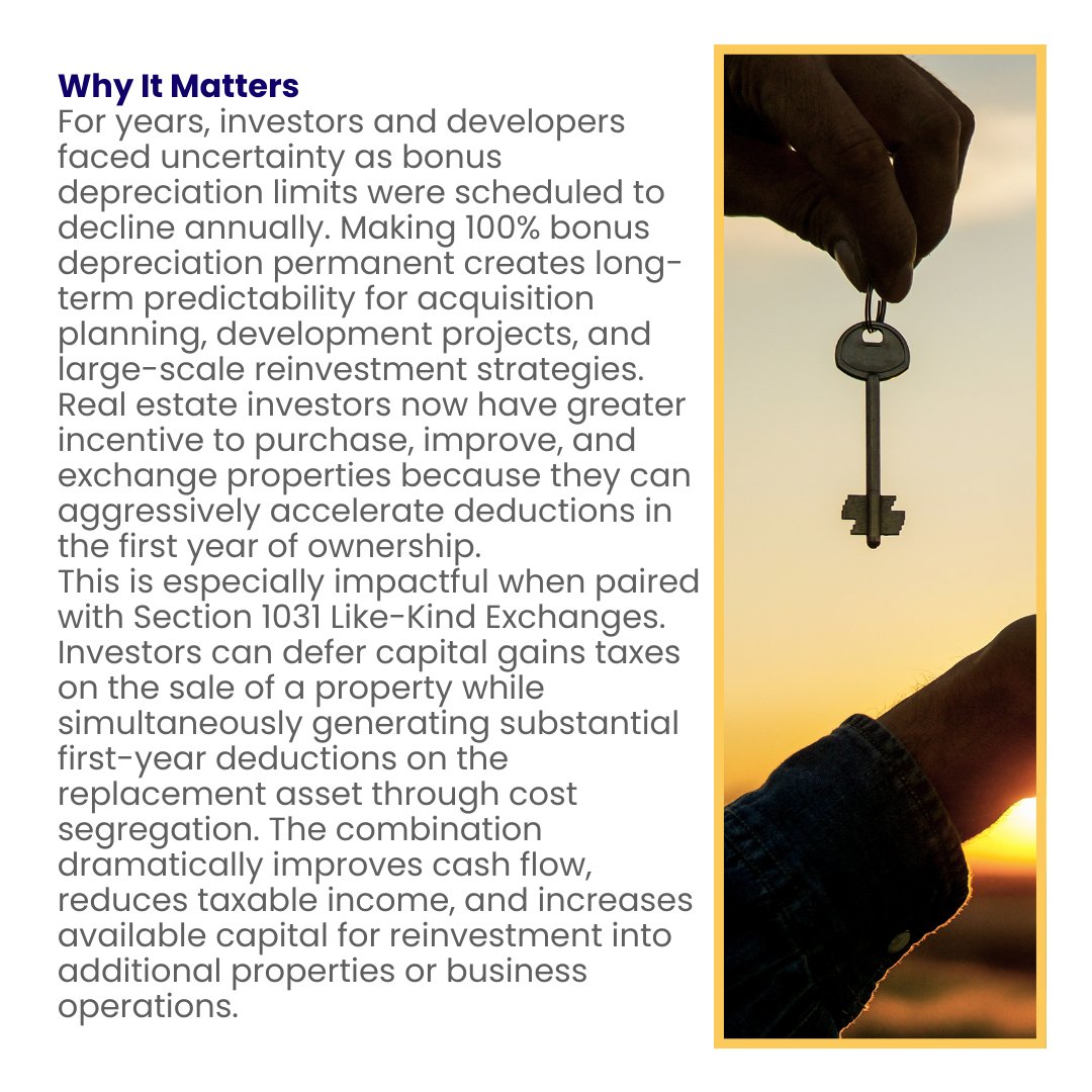 InteractiveAcc1's tweet photo. Real estate investors just received a major tax planning advantage. The OBBBA permanently restored 100% bonus depreciation, allowing investors to aggressively accelerate deductions on qualifying property components through cost segregation studies.

When combined with a Section 1031 exchange, investors can defer capital gains taxes while generating substantial first-year write-offs that may significantly reduce taxable income and improve cash flow.

Real estate partnerships, developers, and commercial property owners are expected to increase focus on acquisition timing, depreciation planning, and long-term tax strategy moving forward.

#RealEstate #BonusDepreciation #1031Exchange #TaxPlanning #CommercialRealEstate #CostSegregation #RealEstateInvesting #BusinessTaxes #CRE #WealthBuilding