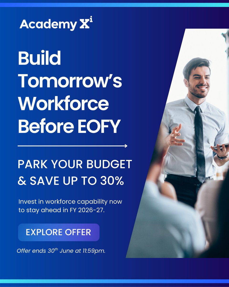 academyxi's tweet photo. #EOFY isn’t just about closing budgets but about preparing your workforce for what’s next 🔮

Use your remaining L&amp;D budget to build future-ready teams across AI, data, tech, design &amp; business.

30% off enterprise training. Ends June 30.

👉 https://t.co/JVfifoVNvU https://t.co/To97k3tDYR
