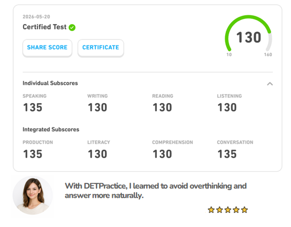 PracticeDET's tweet photo. 🇵🇱 Zofia Kowalska scored 130 on the Duolingo English Test ✨
AI Tutor + Mock Tests on https://t.co/hQ02vk4LEa helped her improve fluency and confidence 💡
👉 Claim your 3-day FREE VIP and start improving today 🚀
#DuolingoEnglishTest #DET #detpractice #englishlearning https://t.co/uYC6GyHz2n