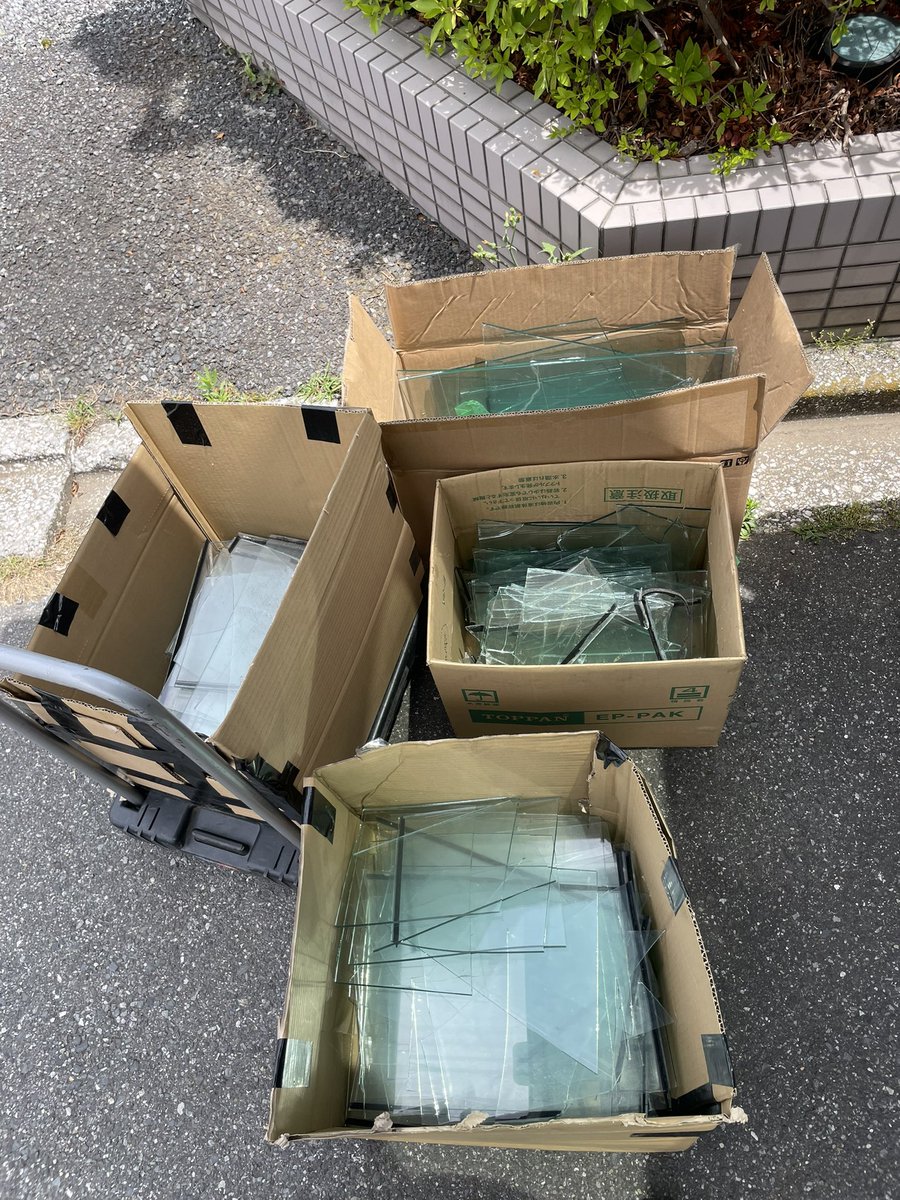 tatsu_shell's tweet photo. でっかいガラスを撤去していくー
5mmの透明を木の押縁とコーキングでペアガラスっぽくしてあった。
ガラス切りで細かく切って撤去お終い。 https://t.co/ei8wzPfHBo