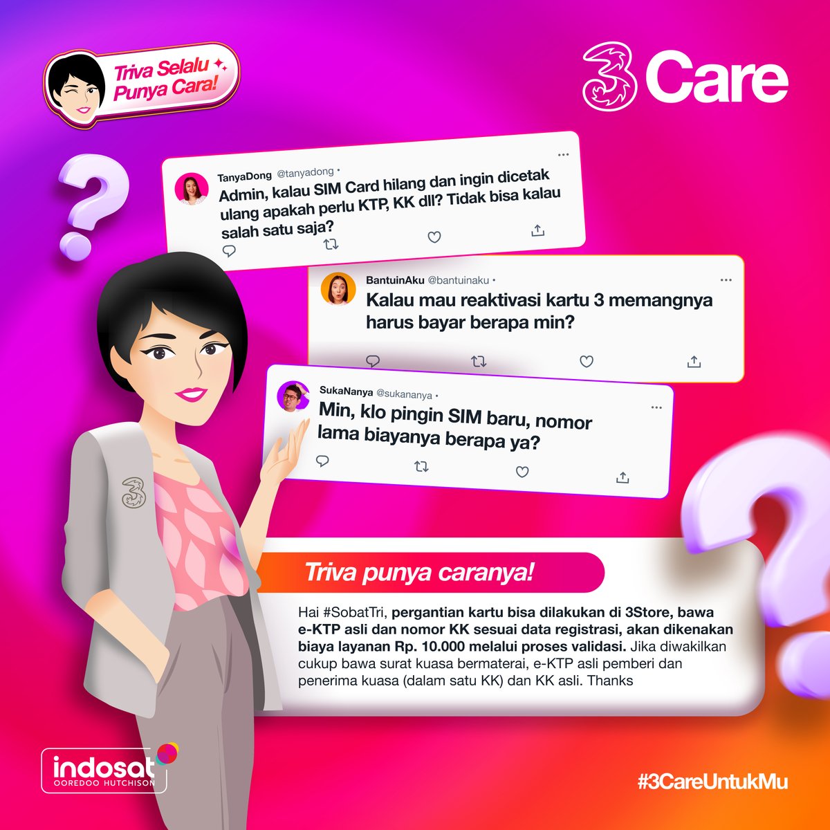 3CareIndonesia's tweet photo. Ganti kartu Tri yang hilang atau rusak, cuuusss ke3Store terdekat 👀​
Jangan lupa bawa e-KTP &amp; nomor KK ya#SobatTri​

#3CareUntukMu #3CareIndonesia https://t.co/U2WfZWkAIJ