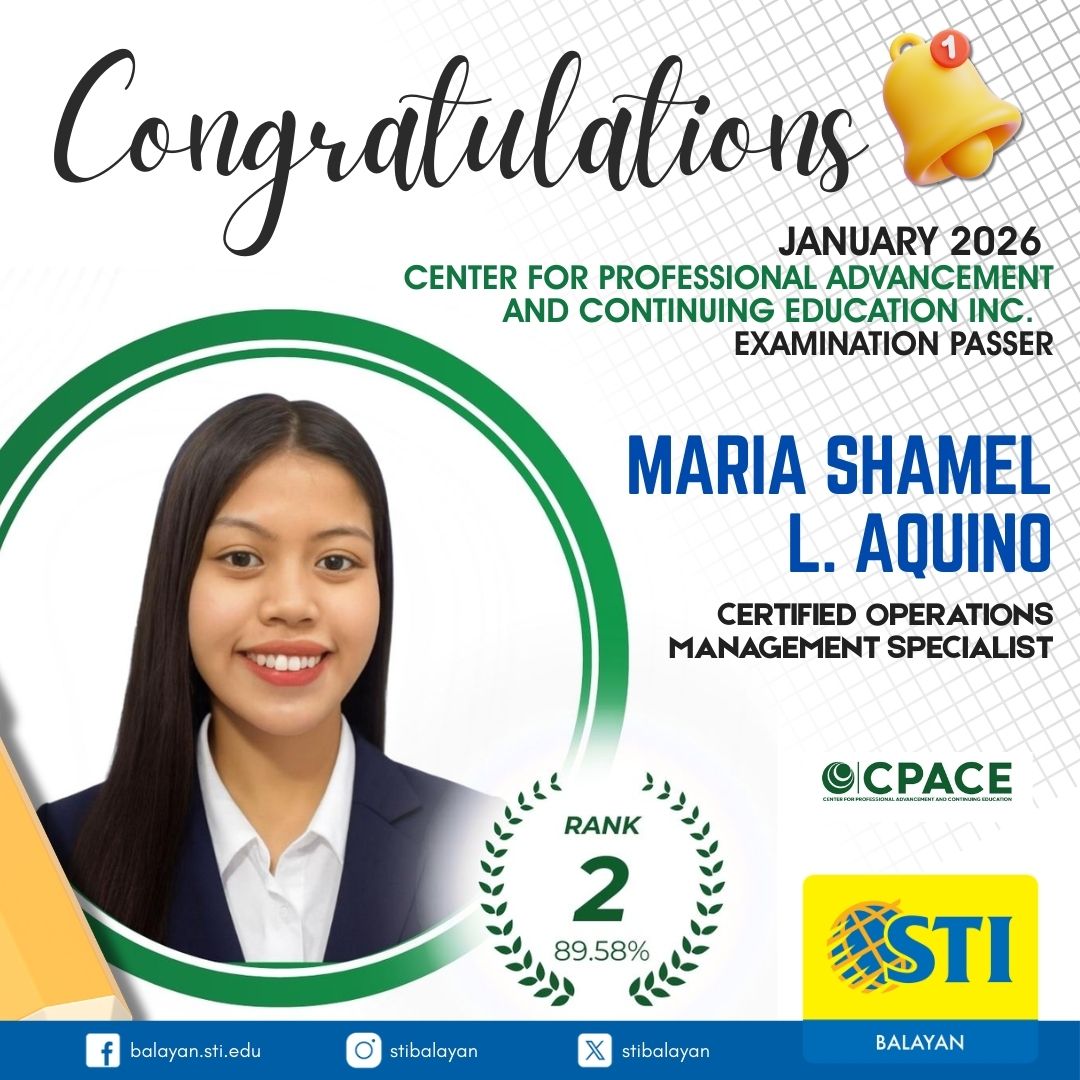 STIBalayan's tweet photo. 🎉 Four Achievers. One Standard of Excellence. 🎉
STI Balayan proudly congratulates our outstanding BSBA students for successfully passing the January 2026 CPACE – COMS Specialist Examination!

#CPACE #CertifiedOperationsManagementSpecialist #BeMore #BeSTI https://t.co/sywhYGfTyf