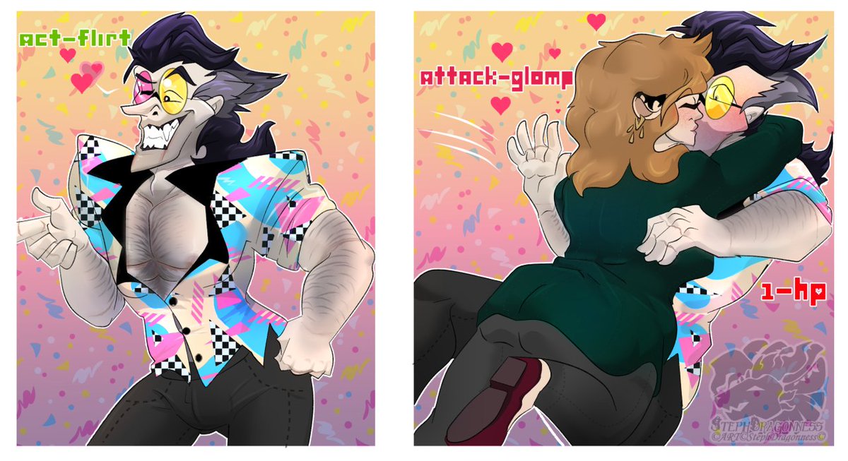 StephDragonness's tweet photo. DR-AU: Act &amp; Attack~💕 
His flirt Act is to powerful... made her Glomp Attack in response. (Treasure &amp; Kromer MonsterVerseAU)
#spamtongspamton #spamton #HumanSpamton #Deltarune #DeltaruneAU #OC #OCxCanon #SelfShip #YumeShip https://t.co/lTHWuCKQY6