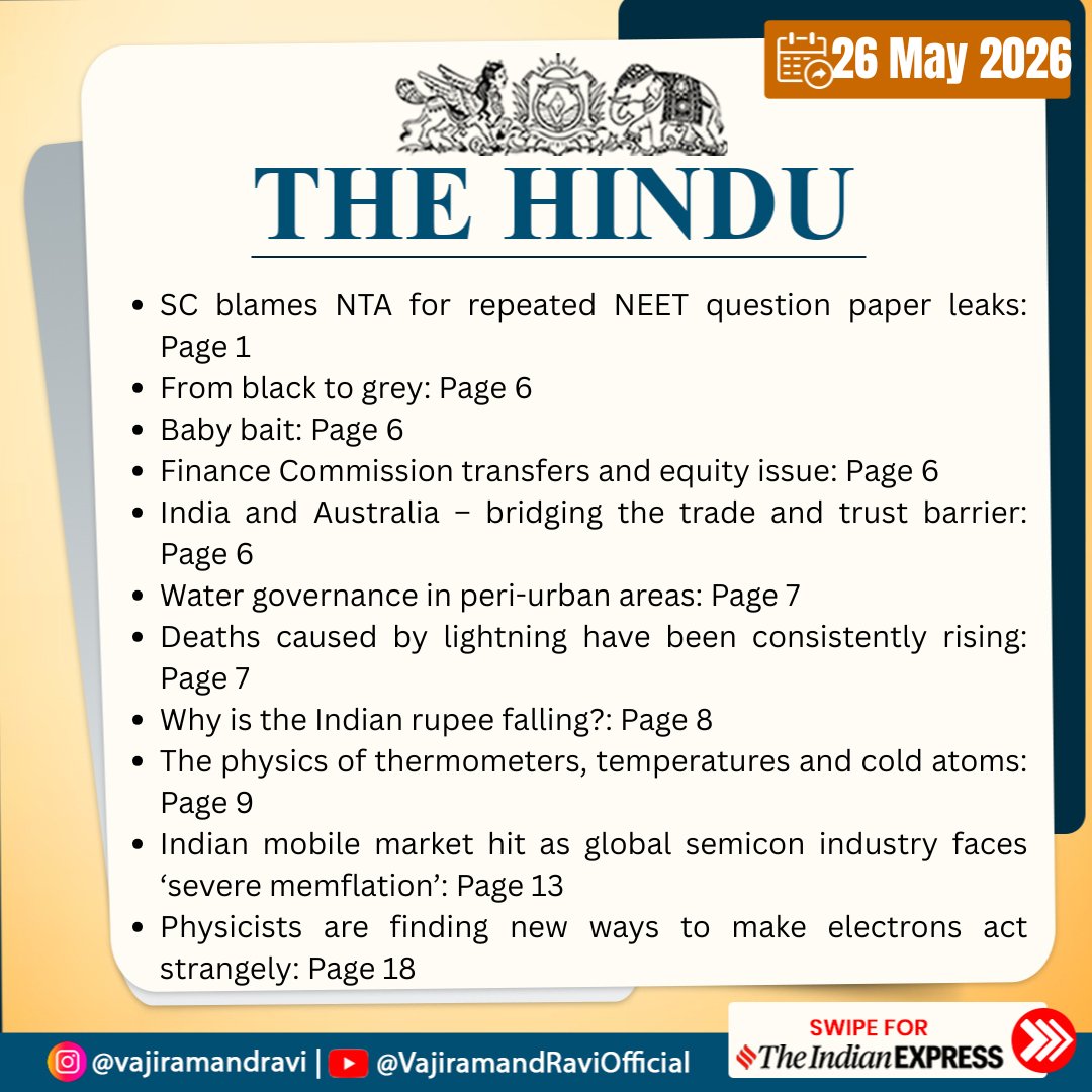 VajiramRavi's tweet photo. #ToBeReadVajiram in The Hindu and The Indian Express- 26/5/2026
(Delhi edition e-paper)

#ToBeRead #TheHindu #TheIndianExpress #CurrentAffairs #UPSCPreparation #DailyNews #Epaper #StudyMaterial https://t.co/iQsJlkKXW5