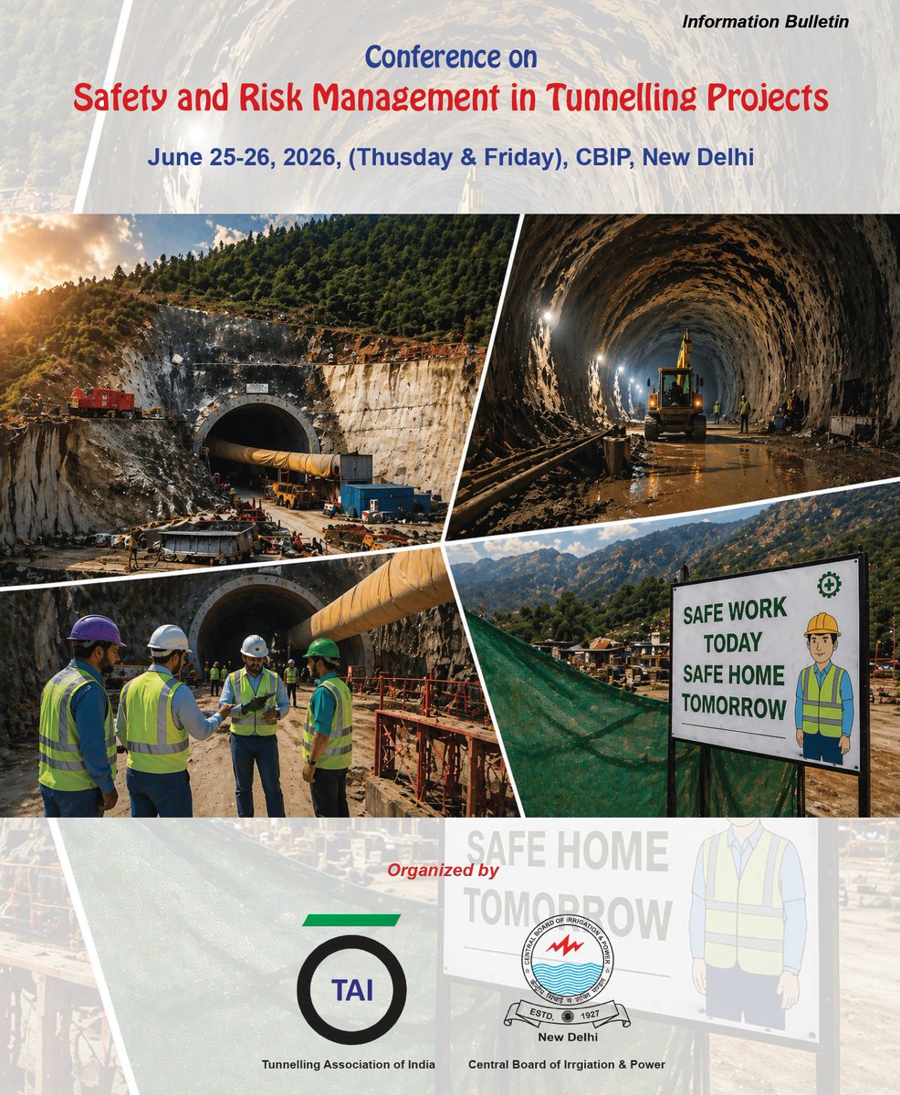 cbip_india's tweet photo. Join industry leaders, engineers, and project professionals at the Conference on Safety and Risk Management in Tunnelling Projects to discuss emerging challenges, innovative technologies, and best practices in tunnelling safety. 25–26 June 2026
#Tunnelling #RiskManagement https://t.co/CV8zdvlFoo