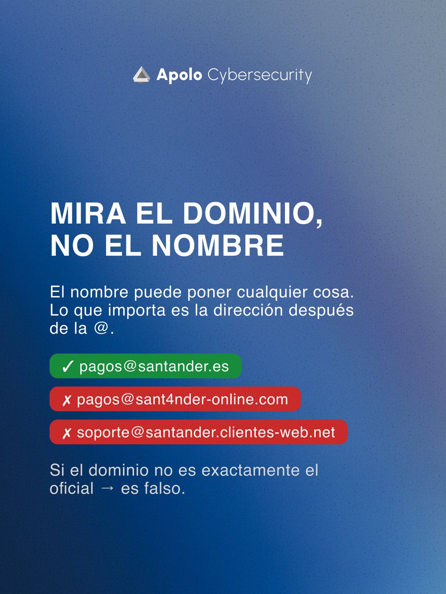 ApoloCybersec's tweet photo. 🚨 El ataque más común empieza con un email.

Más de 25.000 casos de phishing gestionados en España en 2025.

En este carrusel mostramos 6 señales para detectar emails falsos antes de hacer clic.

📅 Consultoría gratuita:
https://t.co/Ya70by7nbr

#Cybersecurity #Phishing https://t.co/wP1PgHrP6L