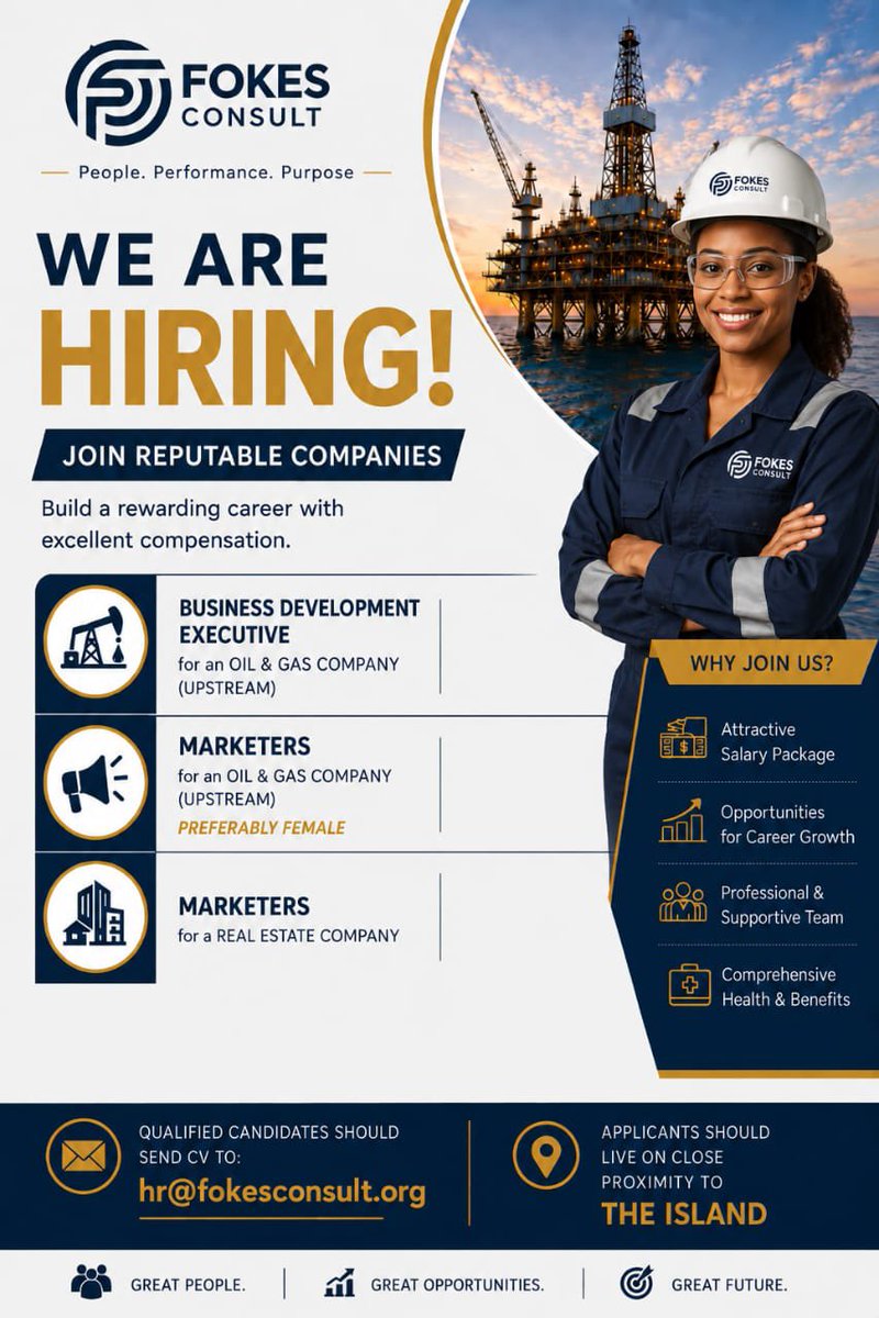 seyithemie's tweet photo. Fokes Consult is Hiring for multiple roles! 

Location: Island, Lagos 

1. Business Development Executive (Oil &amp; Gas)

2. Marketers (Oil &amp; Gas - Upstream) 

3. Marketers (Real Estate)

To apply: Send CV to hr@fokesconsult.org using role as email subject. https://t.co/QGBMQhYi55