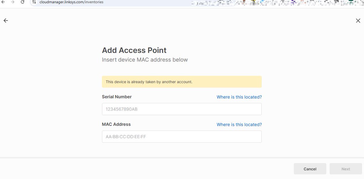 neelabh_narayan's tweet photo. @Linksys @LinksysCares I’ve reset all 6 APs with model LAPAC1200C v1 at our office but not able to associate them to linksys cloud although I’ve already deleted these APs from https://t.co/rqSF88DHoW and also removed the profile as well but still getting this error.pls resolve https://t.co/Y2kP19NXz3