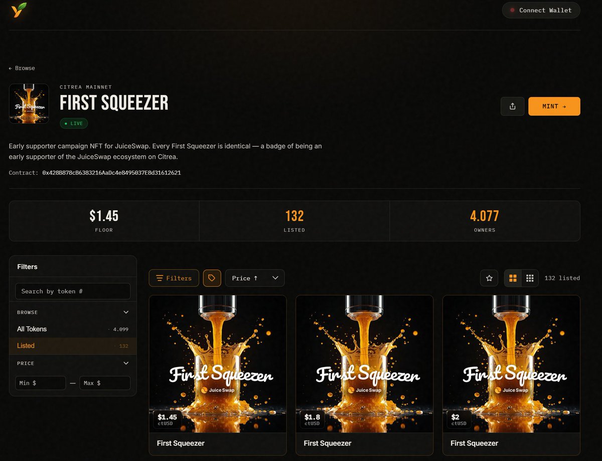 JuiceSwap_com's tweet photo. First Squeezer Mint is Closed

are you one of the 4099 First Squeezers who actually made it to the @citrea_xyz Mainnet? 🧃

If not @yuzumintxyz is having some juicy NFTs for you 🧃

Time to flex your First Squeezer NFT 🍊