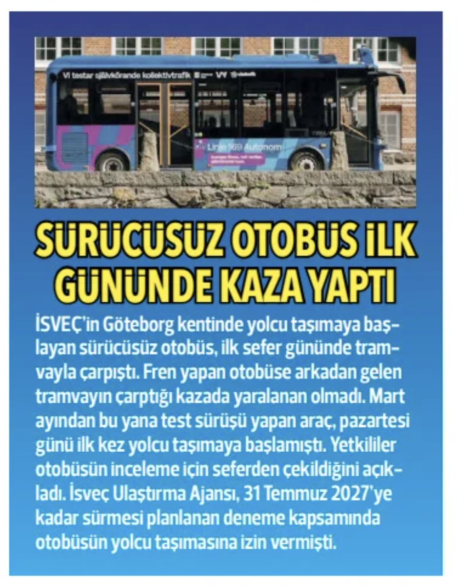 trkupur's tweet photo. İsveç | Sürücüsüz otobüs ilk gününde kaza yaptı

Hürriyet | 26 Mayıs 2026 https://t.co/tNhVbtnzCs
