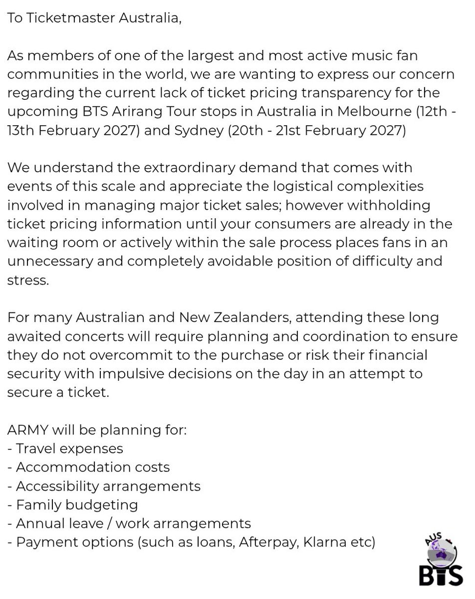 _hellomissv's tweet photo. From BTS Australia's Instagram and Facebook page
An Open Letter to @Ticketmaster_AU and @LiveNationAU https://t.co/SmUZjzYSS1