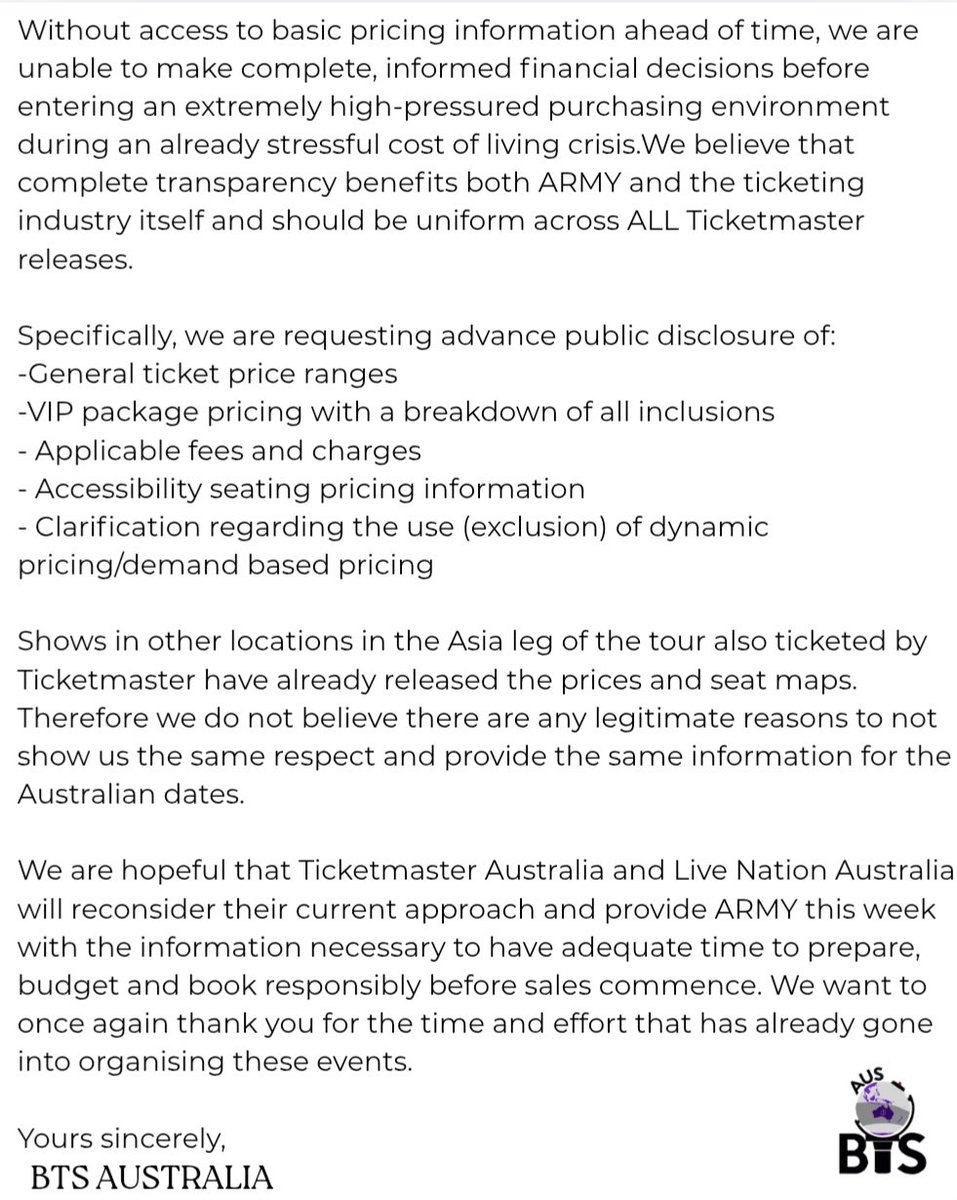 _hellomissv's tweet photo. From BTS Australia's Instagram and Facebook page
An Open Letter to @Ticketmaster_AU and @LiveNationAU https://t.co/SmUZjzYSS1