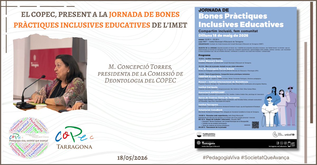 CopecPedagogs's tweet photo. 📚✨ La Dra. M. Concepció Torres, presidenta de la Comissió de Deontologia del COPEC, va participar a la “Jornada de Bones Pràctiques Inclusives Educatives” de Tarragona.

Consulta-ho a: https://t.co/KuDgcfoil6
#PedagogiaViva #SocietatQueAvança https://t.co/cuWvoQ3C8e