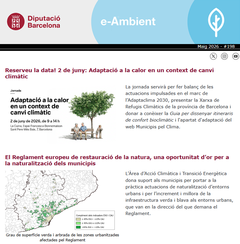 AccioClimaDIBA's tweet photo. 🆕butlletí eAmbient núm 1⃣9⃣8⃣ 📢
🌳☀️A la portada d'aquest mes la jornada d'Adaptació a la calor del 2 de juny, amb aforament limitat i preinscripció obligatòria 👇🏾
🔗https://t.co/kp4cFA1x50 https://t.co/bdKwKIrFv3
