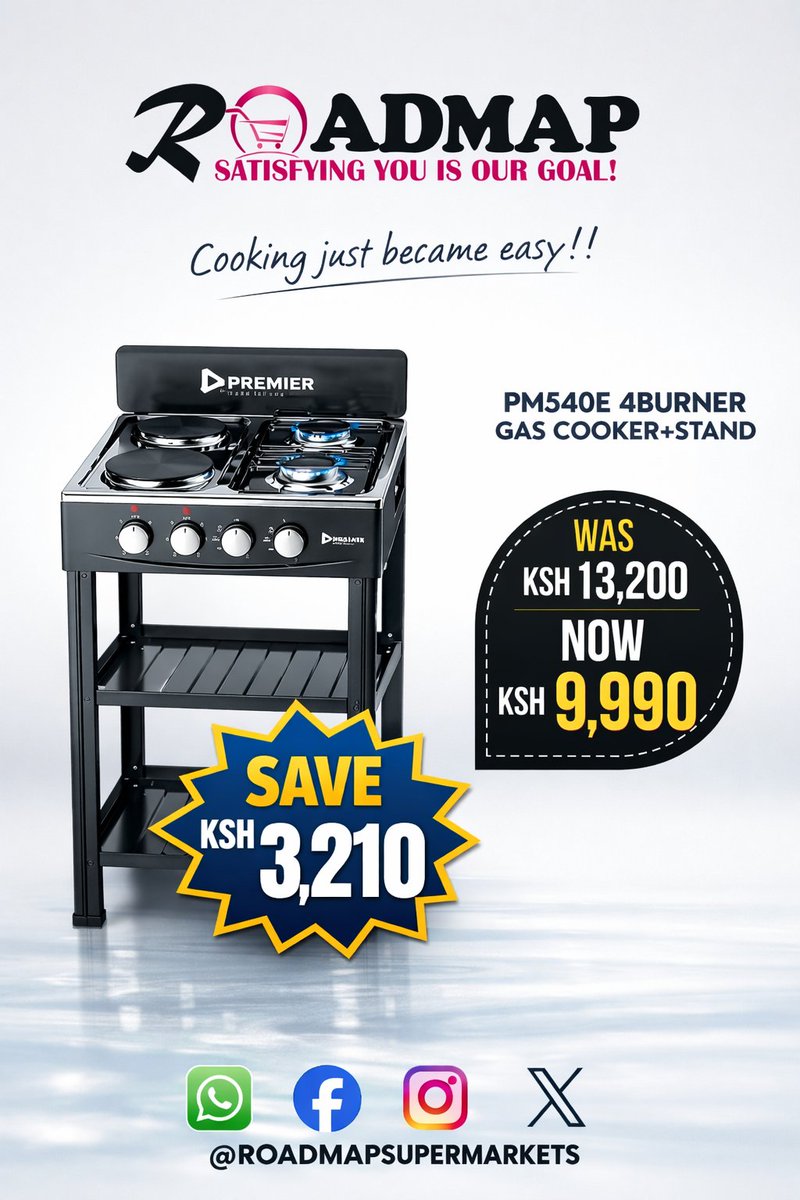 RoadmapGroupLtd's tweet photo. 🔥✨ Cooking just became easy! ✨🔥
Upgrade your kitchen with the Premier PM540E 4‑Burner Gas Cooker + Stand designed for efficiency, style, and convenience.

💛 WAS KSH 13,200 → * NOW KSH 9,990*
💙 *SAVE KSH 3,210* https://t.co/p4aP8L41Vu https://t.co/j9UyIwFRQ1