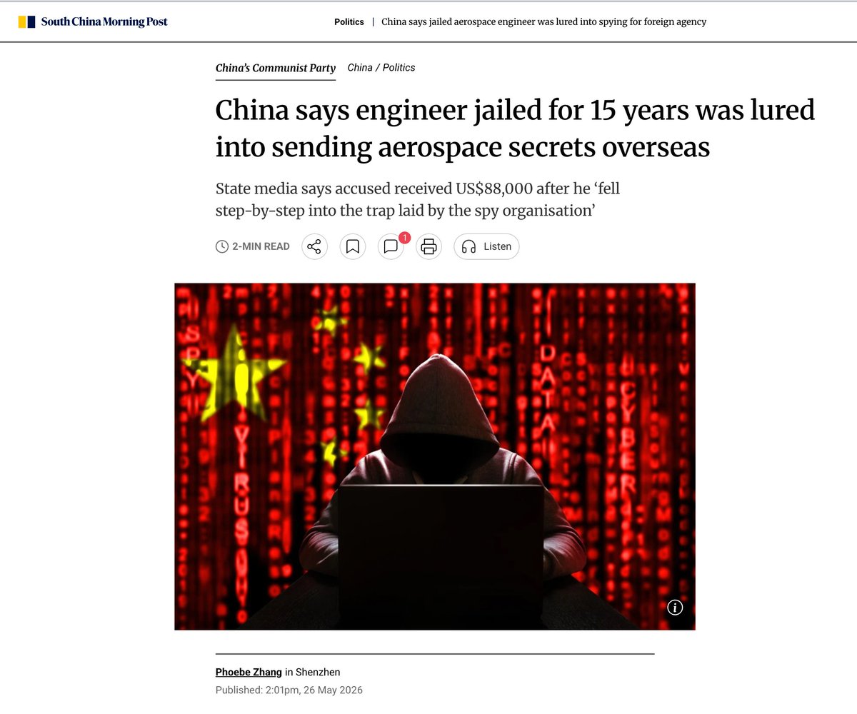 OopsGuess's tweet photo. The West screams every day that China “steals technology.”
Then why are foreign spy agencies trying to buy Chinese aerospace secrets?

Why recruit insiders?
Why infiltrate classified sectors?
Why target China’s aviation and space programmes if China supposedly has nothing original?

Their propaganda says China cannot innovate.
Their intelligence operations say the opposite.

You don’t spend years stealing from an empty house.
You break in because you know there is something valuable inside.