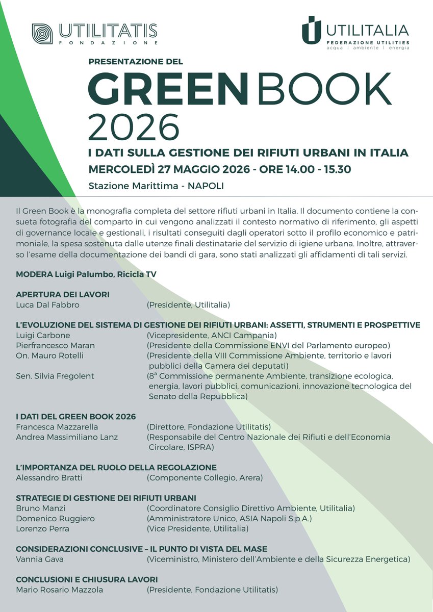 UTILITALIA's tweet photo. 📌 Domani, 27 maggio 2026, alle ore 14.00, #Utilitalia e #Utilitatis presenteranno il #GreenBook2026 nel corso del Green Med Expo & Symposium.

La pubblicazione rappresenta uno dei principali strumenti di analisi del settore dei #rifiuti urbani e offre un quadro aggiornato sull’evoluzione del comparto, approfondendo il contesto normativo e regolatorio di riferimento, gli assetti di governance locale e i modelli gestionali e i risultati economici e patrimoniali conseguiti dagli operatori.

Le conclusioni dell’evento saranno affidate al Viceministro del Ministero dell’Ambiente e della Sicurezza Energetica Vannia Gava, con un intervento dedicato alla visione del @MASE_IT sulle prospettive del settore.

Per registrarsi ➡️ https://t.co/32nxTIIhL2

#wastemanagement #economiacircolare #rifiutiurbani