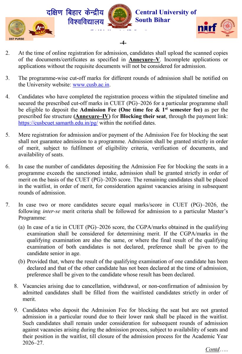 CUSBofficial's tweet photo. Admission Alert - Notification for Admission in 29 PG Programmes of Central University of South Bihar for the Academic Year 2026-27 through CUET-PG-2026

Registration Link: https://t.co/29cS47IR2G

Last Date of Registration: 04.06.2026

#cusb #cusbadmission #cuetpg2026 https://t.co/8OyUJF7BzP