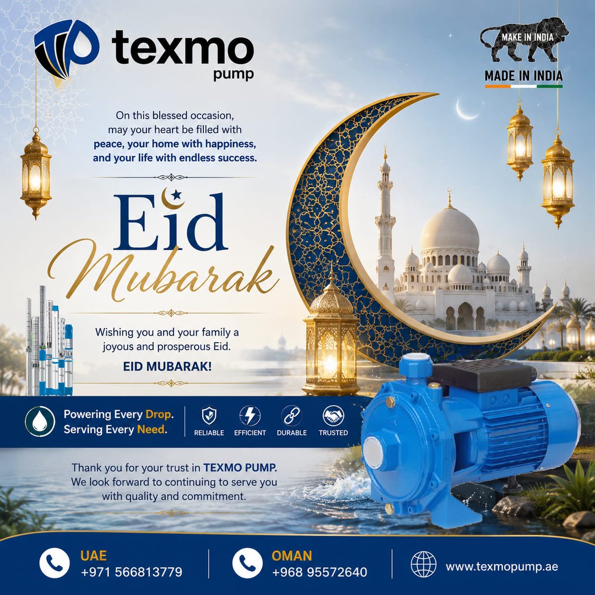 texmopumps's tweet photo. 🌙✨ Eid Mubarak from TEXMO PUMP ✨🌙 May this blessed Eid bring peace, happiness, prosperity, and endless success to you and your family. Thank you for your trust and support in TEXMO PUMP. We are proud to continue powering every drop and serving every need with quality, https://t.co/zEmNO75CJx