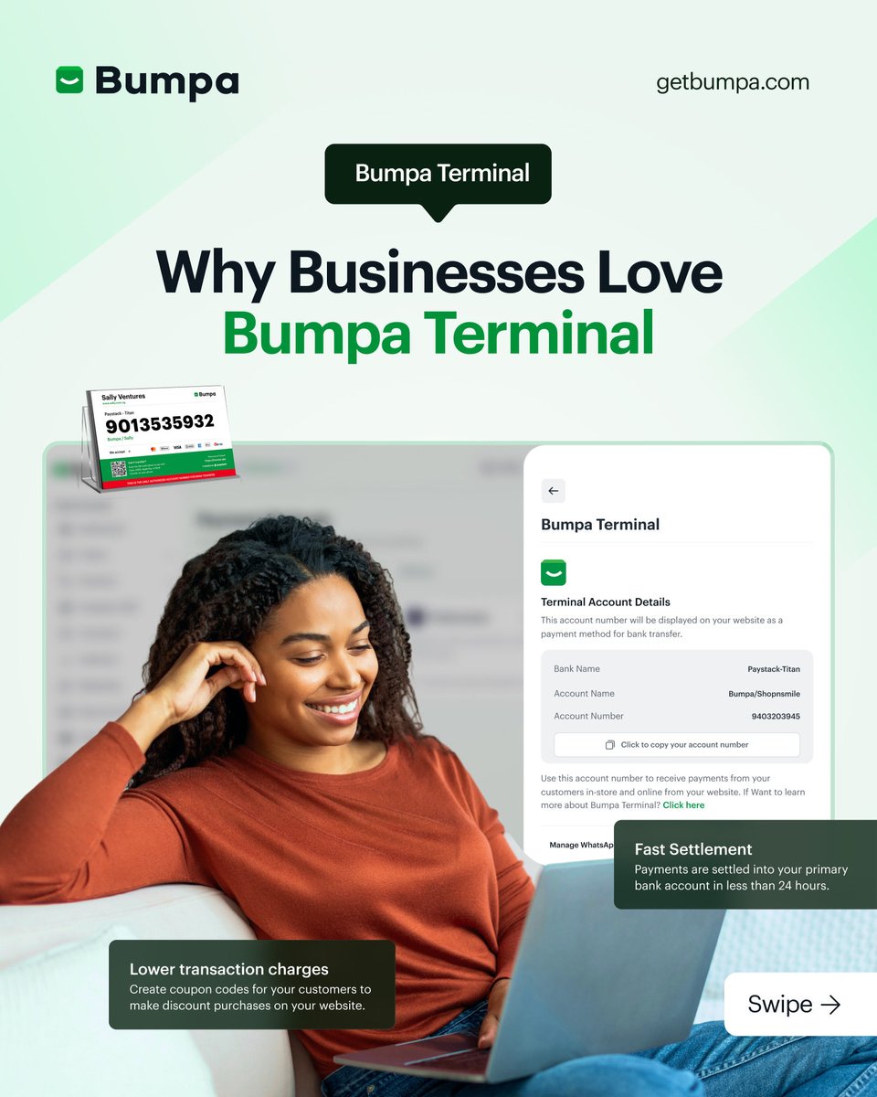 getBumpa's tweet photo. If you haven’t tried the Bumpa Terminal yet, you are missing real time! 

Reduce payment errors, receive payments instantly, you and your team stay updated in real time, and so much more.

This is definitely your sign to hop on the Bumpa Terminal to enjoy seamless payments 🥳

#getbumpa #bumpaforbusiness #seamlesspayments #businessowners