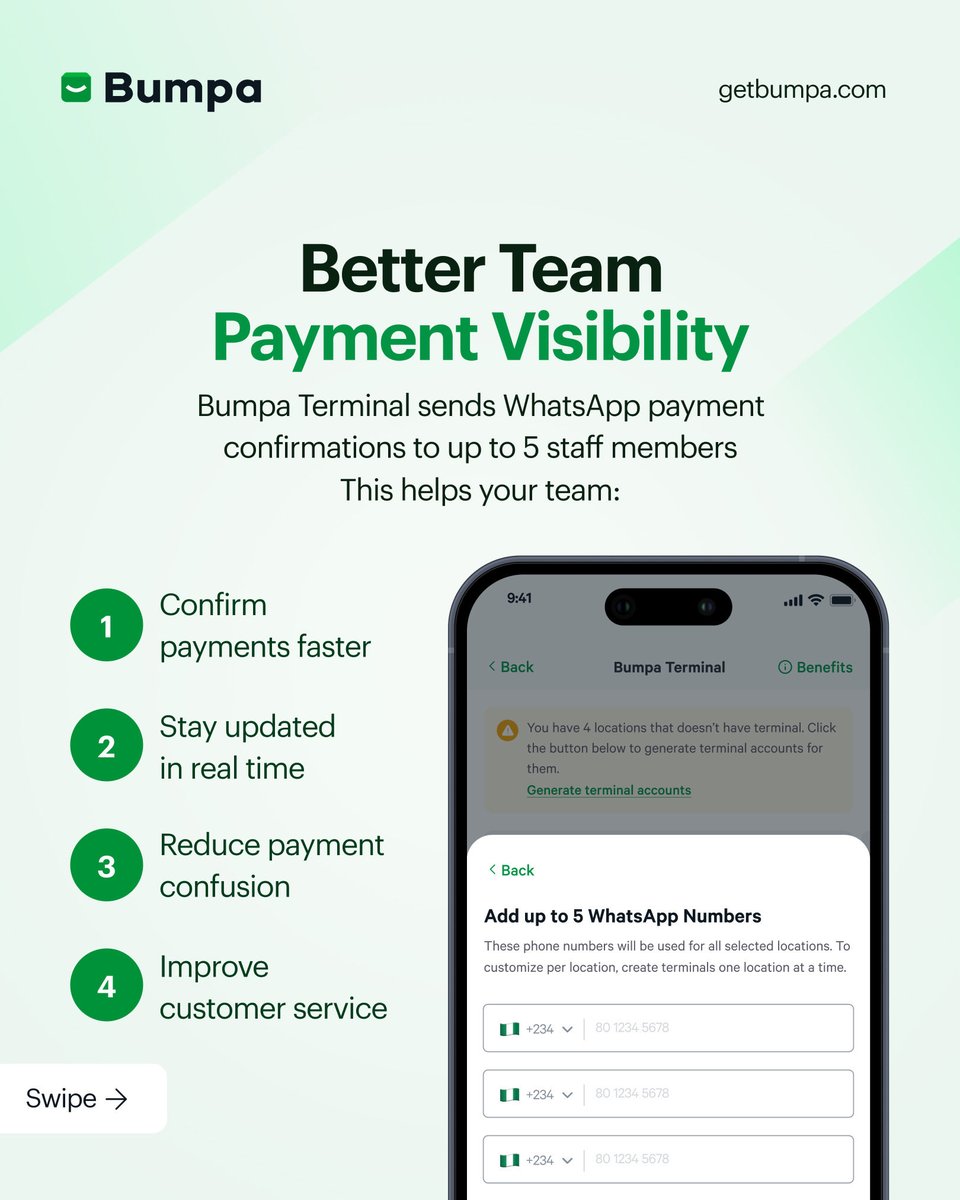 getBumpa's tweet photo. If you haven’t tried the Bumpa Terminal yet, you are missing real time! 

Reduce payment errors, receive payments instantly, you and your team stay updated in real time, and so much more.

This is definitely your sign to hop on the Bumpa Terminal to enjoy seamless payments 🥳

#getbumpa #bumpaforbusiness #seamlesspayments #businessowners