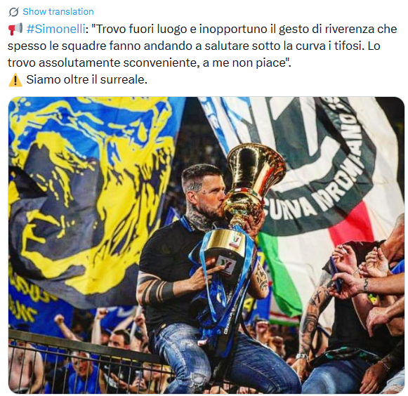 DanieleZindato's tweet photo. Eh già, ha ragione #Simonelli: che schifo la riverenza ai #tifosi (solo se sono dell'#Inter, altrimenti va bene). https://t.co/ImXyCZE6WZ