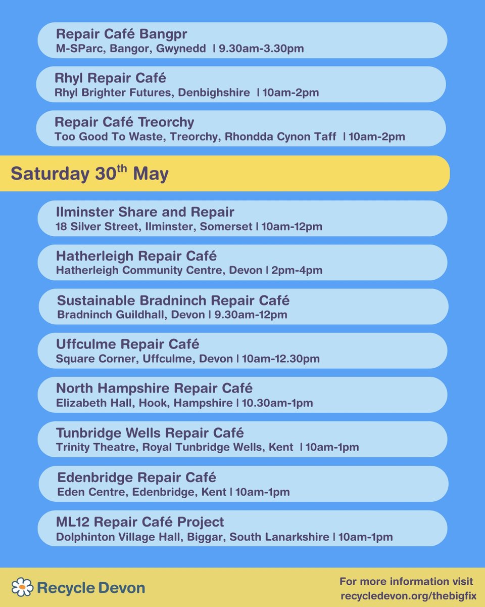 RecycleDevon's tweet photo. It's the final week of The BIG FIX 2026! Check out this week’s events, taking place across the UK, and get involved by supporting your local repair café. 👏

To find more about The BIG FIX, head to 👉 https://t.co/MnYThVcnCY

#thebigfix #repaircafe #reuse https://t.co/PStyu1KAuf